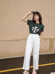 Tshirt Tory Burch màu rêu cổ tròn hoạ tiết