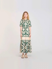 Váy maxi lụa Sandro cổ đức hoa xanh