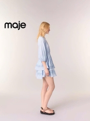 Váy Maje xanh biển cổ V chun eo thêu ren dập