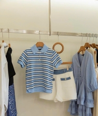 Quần short dệt kim phối viền denim