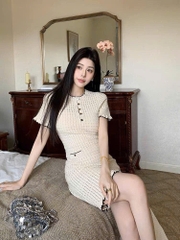 Váy Sandro len lưới màu beirge 2 lớp khuy vàng