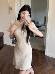 Váy Sandro len lưới màu beirge 2 lớp khuy vàng