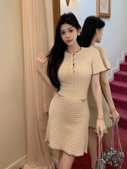 Váy Sandro len lưới màu beirge 2 lớp khuy vàng