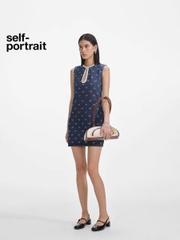 Váy denim Sel-Portrait sát nách đính hạt nơ dáng ngắn