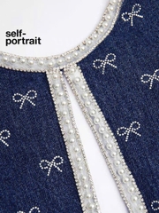 Váy denim Sel-Portrait sát nách đính hạt nơ dáng ngắn