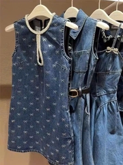 Váy denim Sel-Portrait sát nách đính hạt nơ dáng ngắn