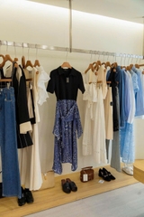 Váy maxi Maje lụa phối cotton xanh đen phối hoạ tiết