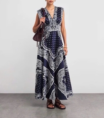 Váy maxi Sandro sát nách họa tiết thổ cẩm navy cổ V