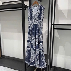 Váy maxi Sandro sát nách họa tiết thổ cẩm navy cổ V