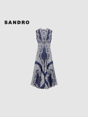 Váy maxi Sandro sát nách họa tiết thổ cẩm navy cổ V