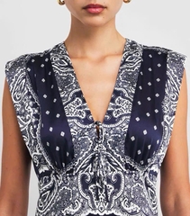 Váy maxi Sandro sát nách họa tiết thổ cẩm navy cổ V