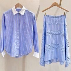 Chân váy midi Maje kẻ trắng xanh xếp tầng