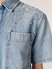 Áo denim Maje ngắn tay đính hạt bling