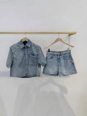 Áo denim Maje ngắn tay đính hạt bling