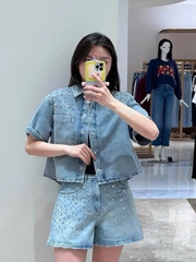 Áo denim Maje ngắn tay đính hạt bling