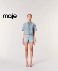 Áo denim Maje ngắn tay đính hạt bling