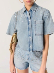 Áo denim Maje ngắn tay đính hạt bling