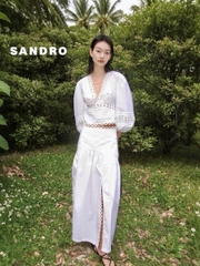 Set Áo + Chân váy Sandro đắp ren trắng chân midi xẻ đùi