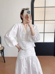 Set Áo + Chân váy Sandro đắp ren trắng chân midi xẻ đùi