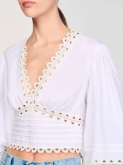 Set Áo + Chân váy Sandro đắp ren trắng chân midi xẻ đùi