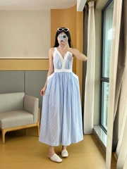 Váy maxi Sandro kẻ xanh 2 dây viền trắng