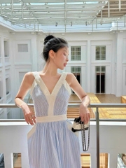 Váy maxi Sandro kẻ xanh 2 dây viền trắng