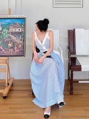 Váy maxi Sandro kẻ xanh 2 dây viền trắng