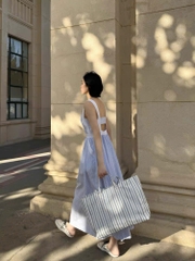 Váy maxi Sandro kẻ xanh 2 dây viền trắng