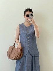 Set đũi Massimo Dutti muối tiêu xanh denim áo gile