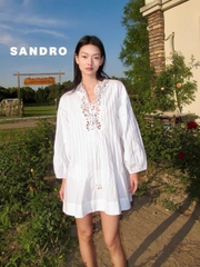 Váy Sandro babydol kẻ chìm trắng tay lỡ đắp ren 3D