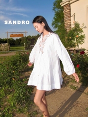 Váy Sandro babydol kẻ chìm trắng tay lỡ đắp ren 3D