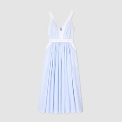 Váy maxi Sandro kẻ xanh 2 dây viền trắng