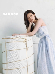 Váy maxi Sandro kẻ xanh 2 dây viền trắng