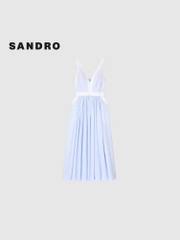 Váy maxi Sandro kẻ xanh 2 dây viền trắng
