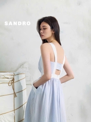 Váy maxi Sandro kẻ xanh 2 dây viền trắng
