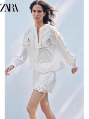 Sơ mi ren dập Zara trắng dài tay cổ trụ