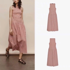 Váy midi sát nách Zara chun thân kẻ đỏ