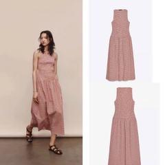 Váy midi sát nách Zara chun thân kẻ đỏ