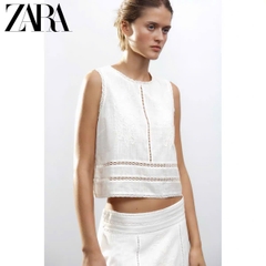Set Zara trắng ren dập hoa màu kem