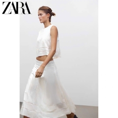Set Zara trắng ren dập hoa màu kem