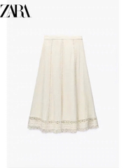 Chân váy midi Zara đũi trắng ren 3D