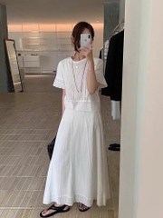 Chân váy midi Zara đũi trắng ren 3D