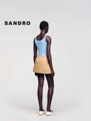 Chân váy mini Sandro màu khaki cải kẻ dây rút