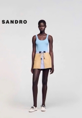 Chân váy mini Sandro màu khaki cải kẻ dây rút