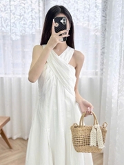 Váy maxi Sandro cổ yếm trắng