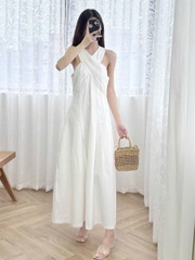 Váy maxi Sandro cổ yếm trắng