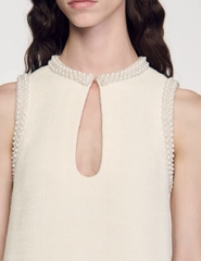 Váy Sandro tweed trắng cổ giọt lệ đá dáng suông