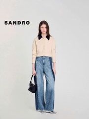 CDG Sandro len nhung khuy ngọc trai màu kem cổ bẻ đen