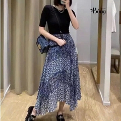 Váy maxi lụa Maje cải cotton đen hoa xanh