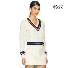 Áo len Polo trắng cổ V viền kẻ